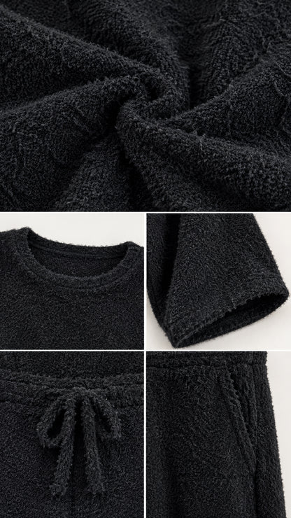 Close-up details of soft fuzzy knit texture, neckline, drawstring, and pocket