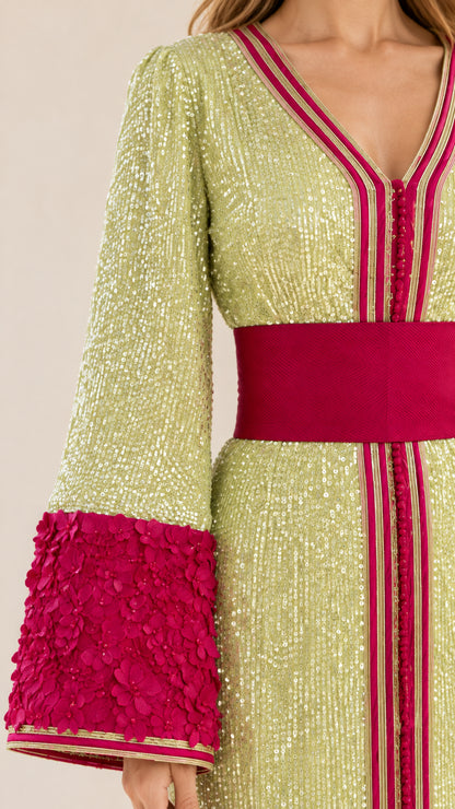 Close-up detail of sparkling sequin fabric, contrast trim V-neckline, and 3D textured bell cuff