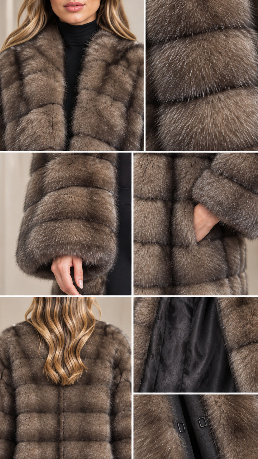 Close-up detail shots showing collar, sleeve cuff, pocket, lining, and hook closures