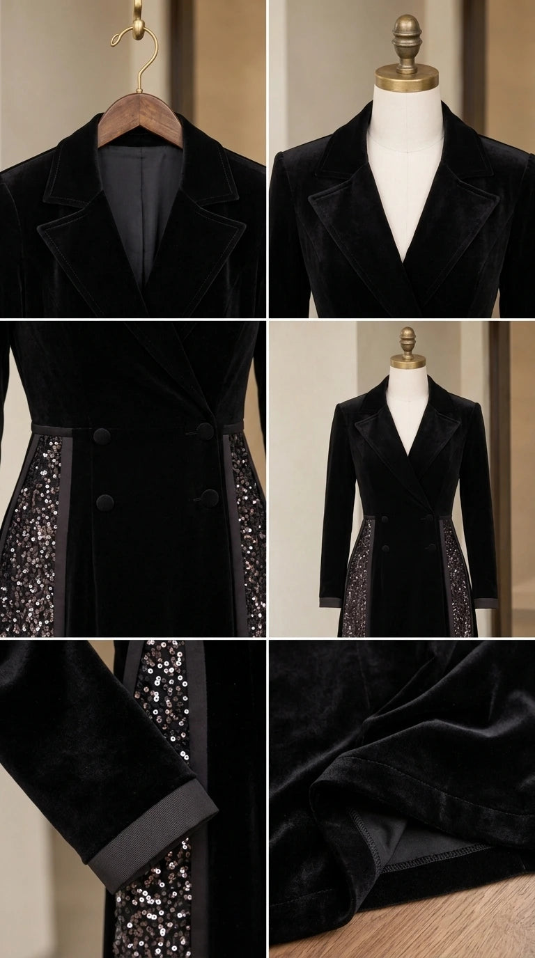 Close-up detail collage of black velvet blazer neckline, buttons, cuffs, and sequin fabric