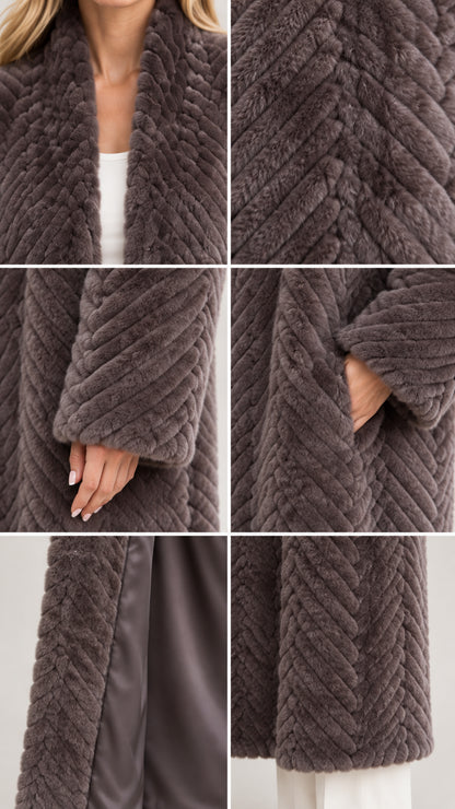 Detail composite showing collar, chevron plush texture, sleeve cuff, pocket, and interior lining
