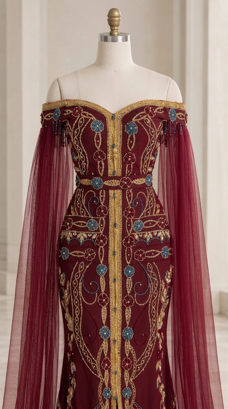 Close-up detail of burgundy gown neckline with intricate gold embroidery and jewel beading