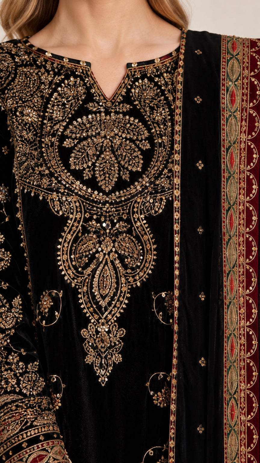 Close-up detail of ornate floral gold embroidery on black velvet kurta neckline