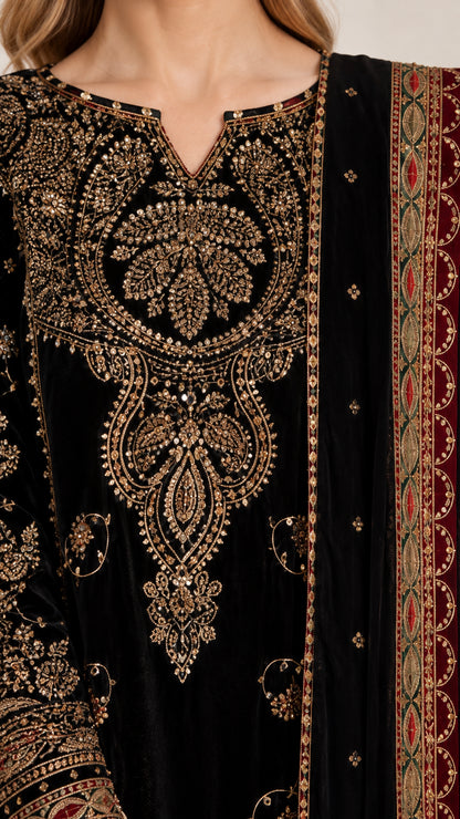 Close-up detail of ornate floral gold embroidery on black velvet kurta neckline