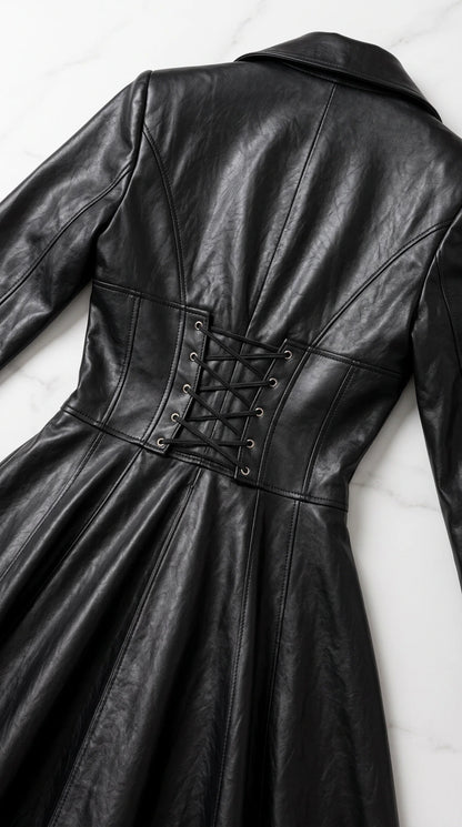 Close-up of black faux leather dress back corset lacing and tailored seams