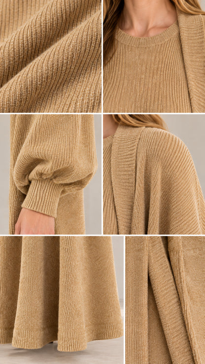 Close-up details of ribbed texture, neckline, sleeve cuff, and hemline of camel knit set