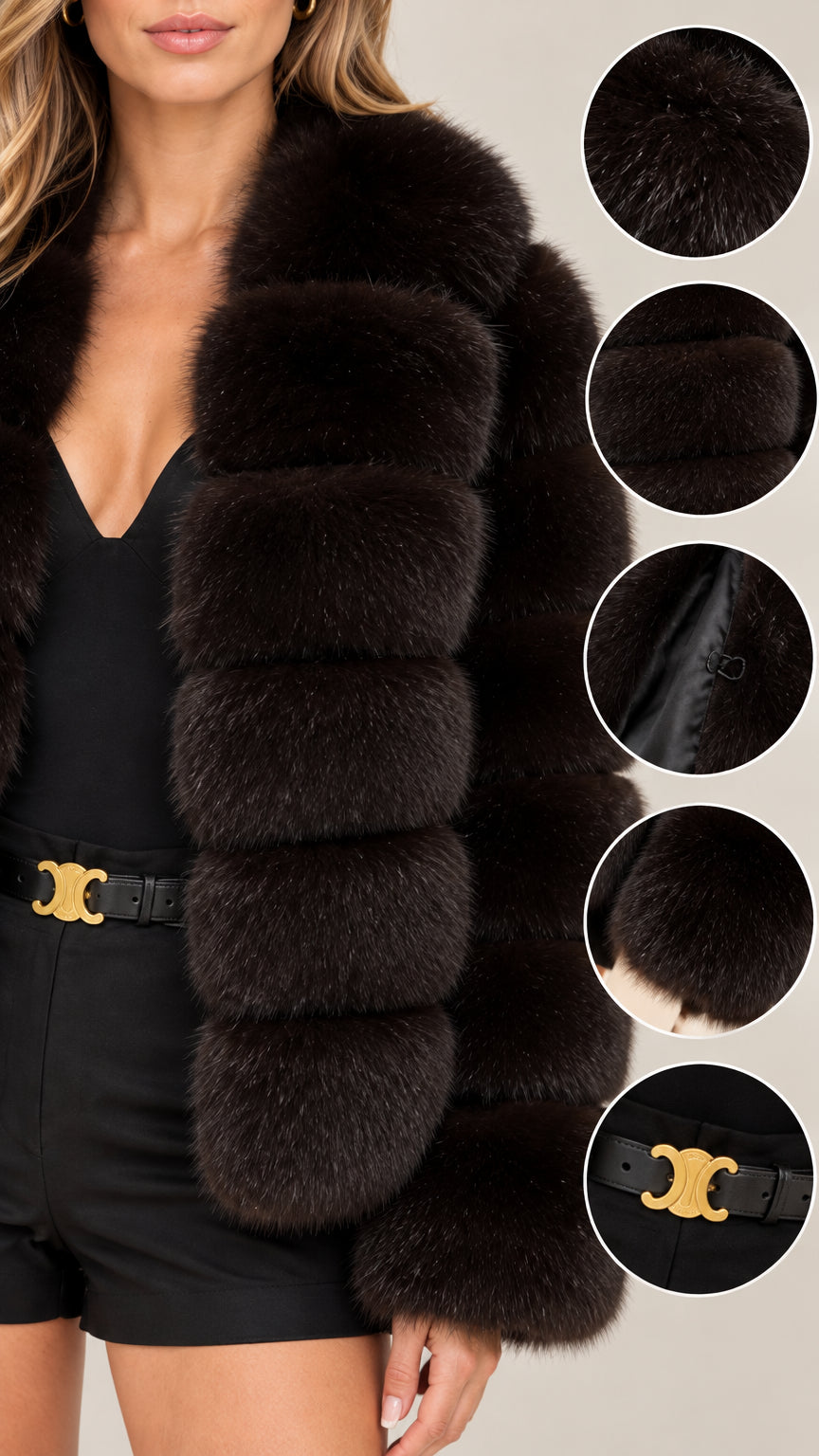 Close-up detail of plush faux fur texture and lining on black jacket