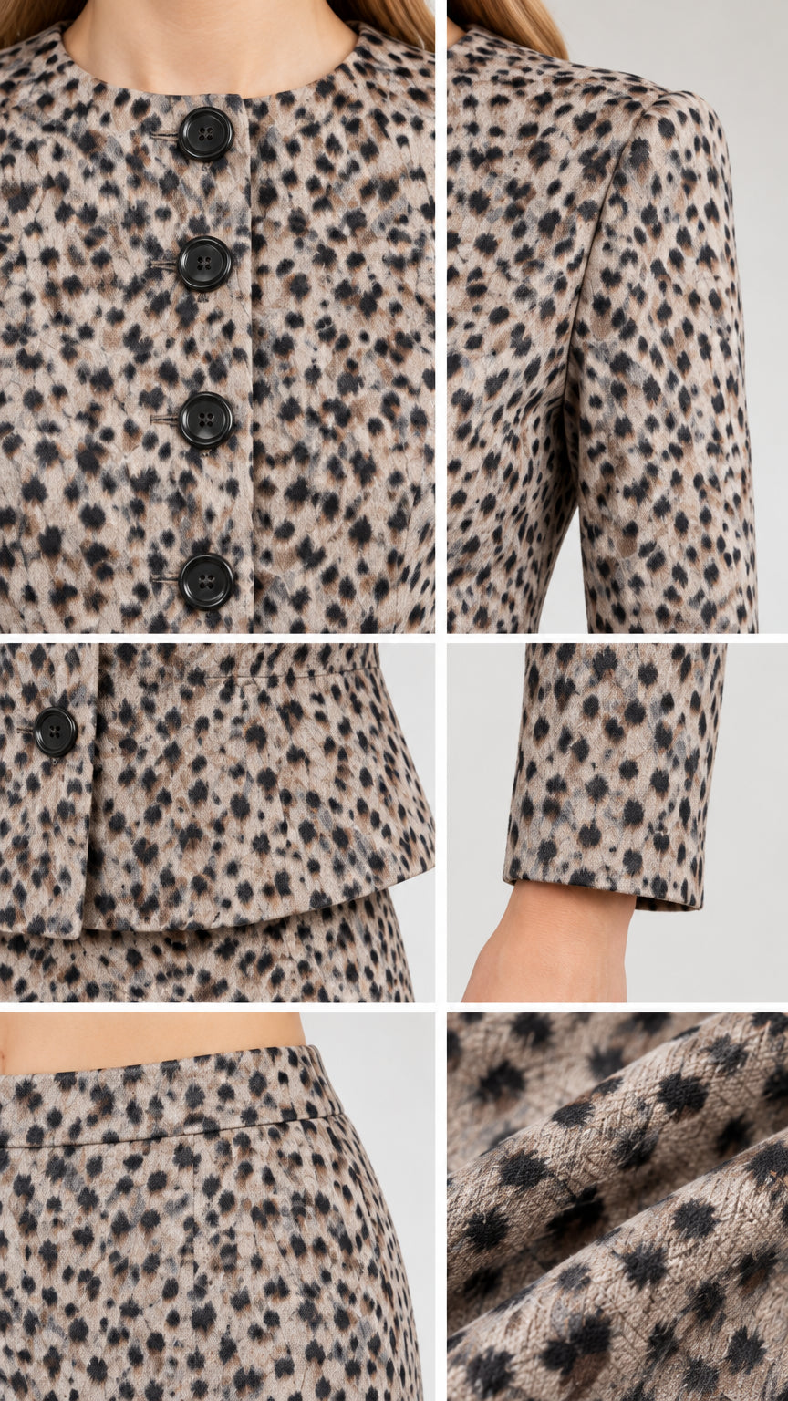 Close-up details of neckline, buttons, peplum hem, and textured fabric weave