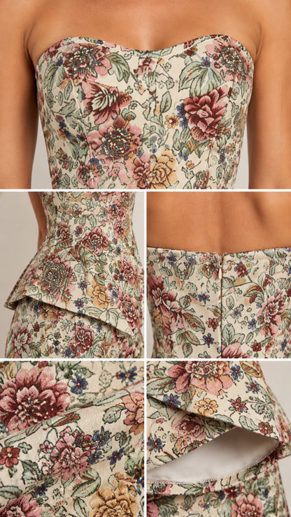 Close-up detail shots showing floral jacquard fabric, sweetheart neckline, peplum hem, and back zipper