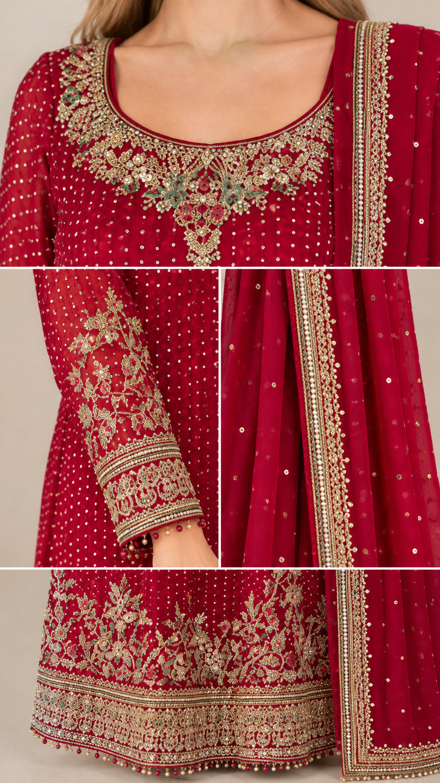 Close-up detail of neckline, cuff, and hemline metallic embroidery