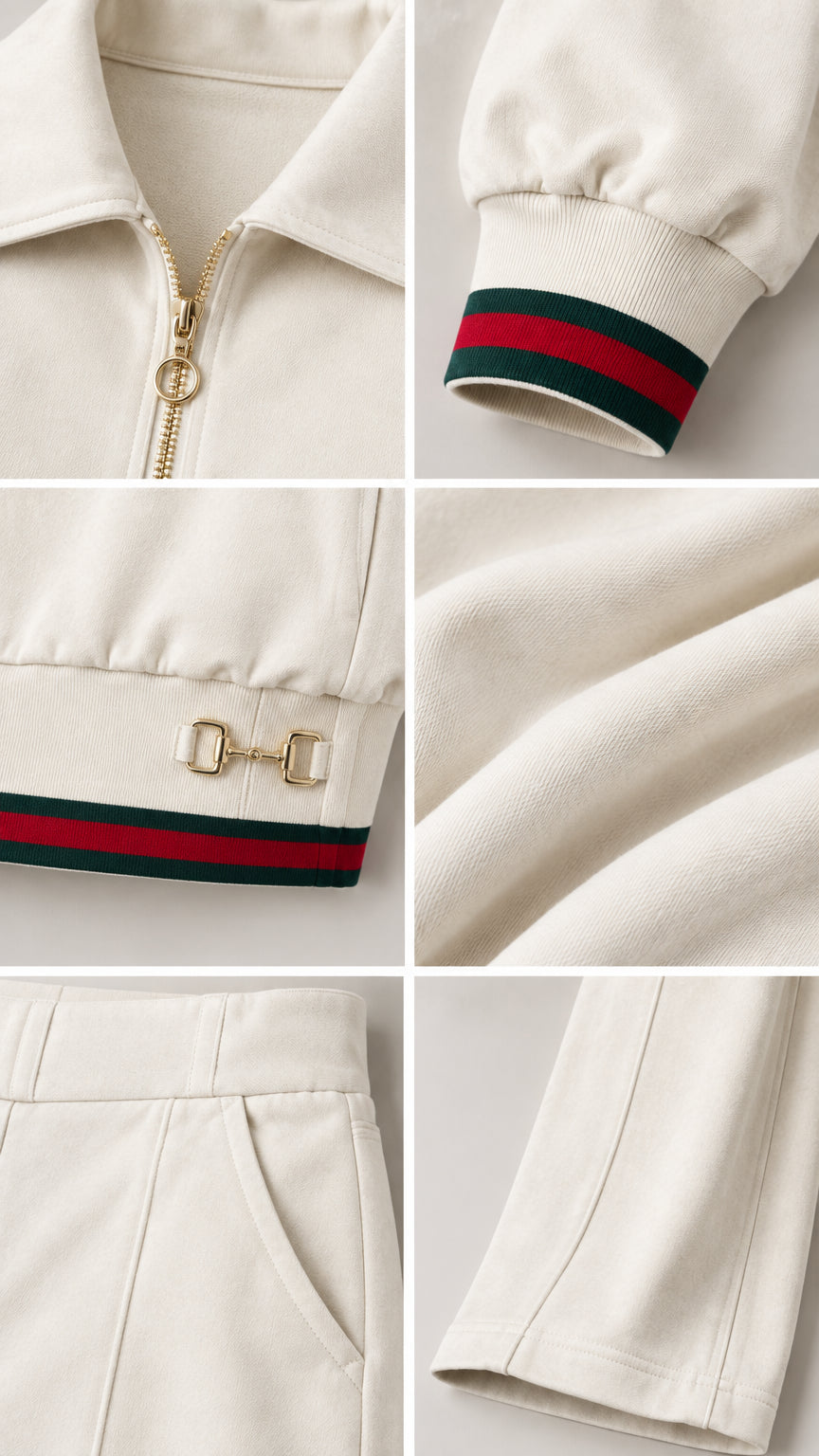 Close-up details of cream tracksuit showing zipper, striped cuff, buckle hardware, and pocket seam