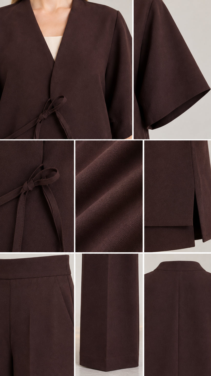 Close-up details of chocolate brown tie-front closure, fabric texture, sleeve, and waistband