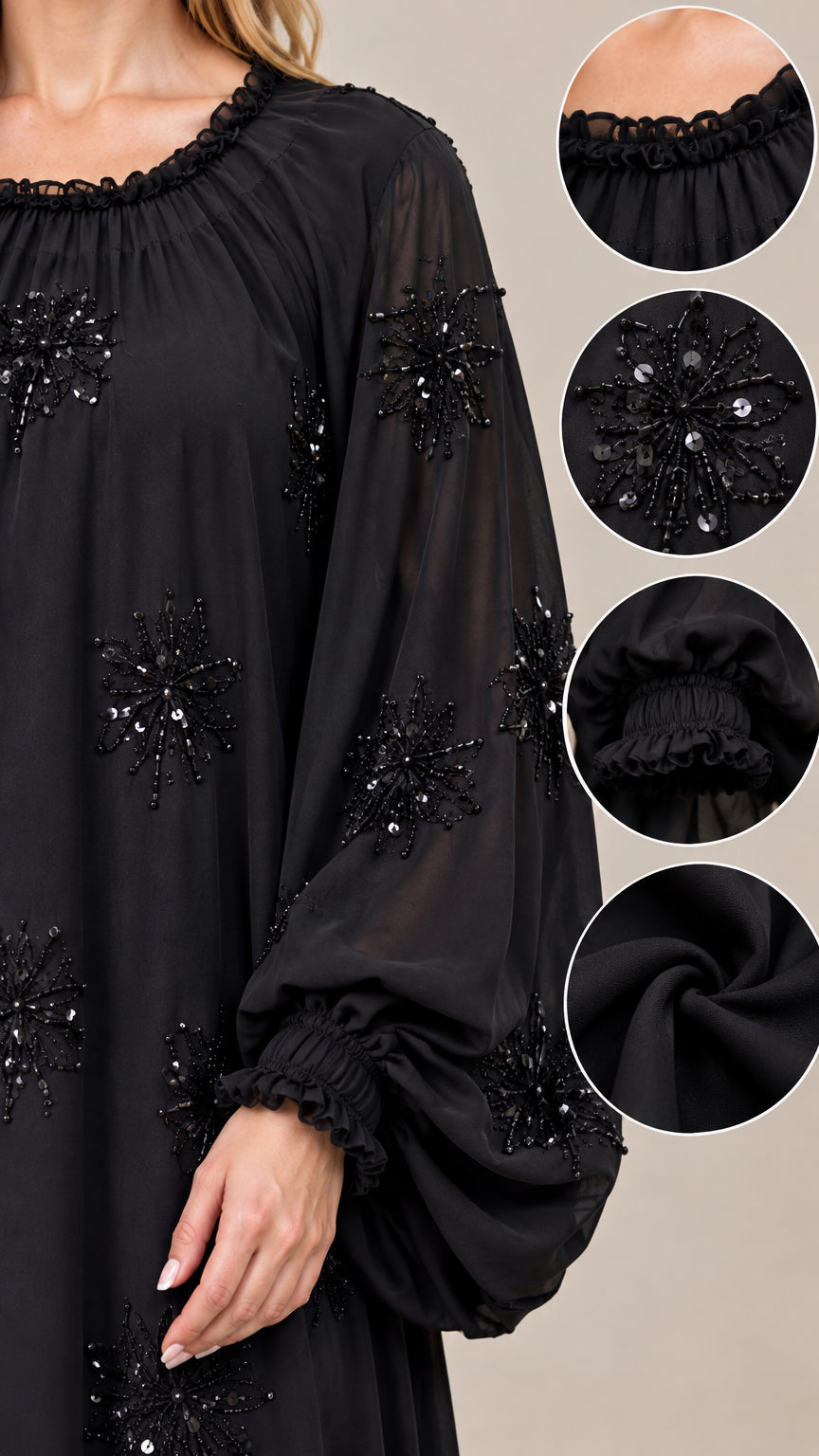 Close-up details of beaded floral embellishments, neckline, and ruffled cuff on black maxi dress