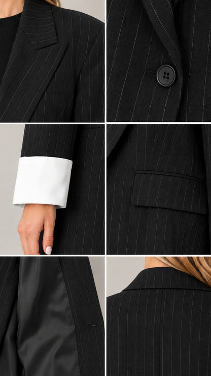 Close-up details of black pinstripe blazer lapel, front button, white cuff, flap pocket, and lining