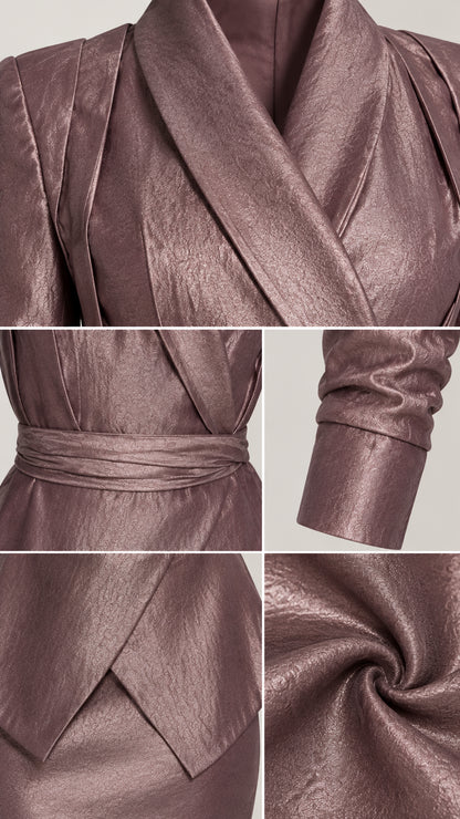 Close-up details of collar, waist sash, cuff, and shimmer fabric texture