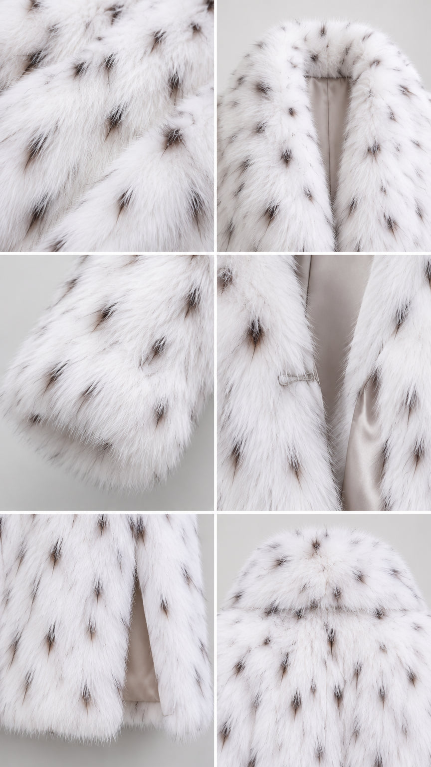 Close up details of plush faux fur texture, lining, and matching hat