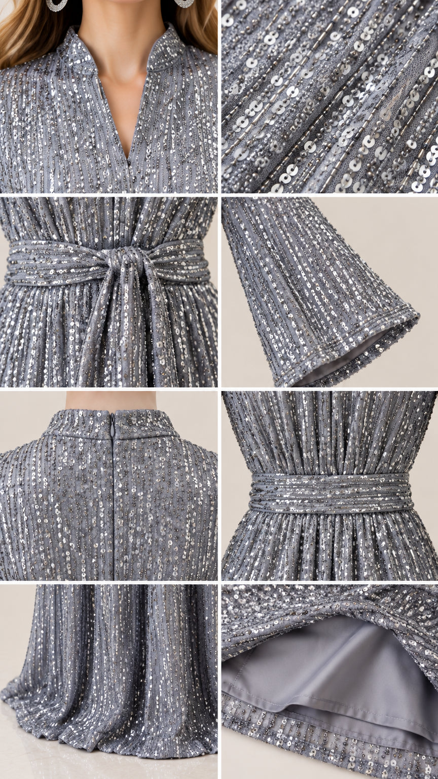 Close-up details of sequin fabric, notched collar, tie belt, bell sleeve cuff, and smooth inner lining