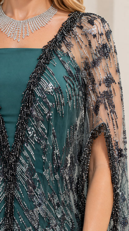 Close-up detail of Teal Green sequined neckline and beaded shoulder cape