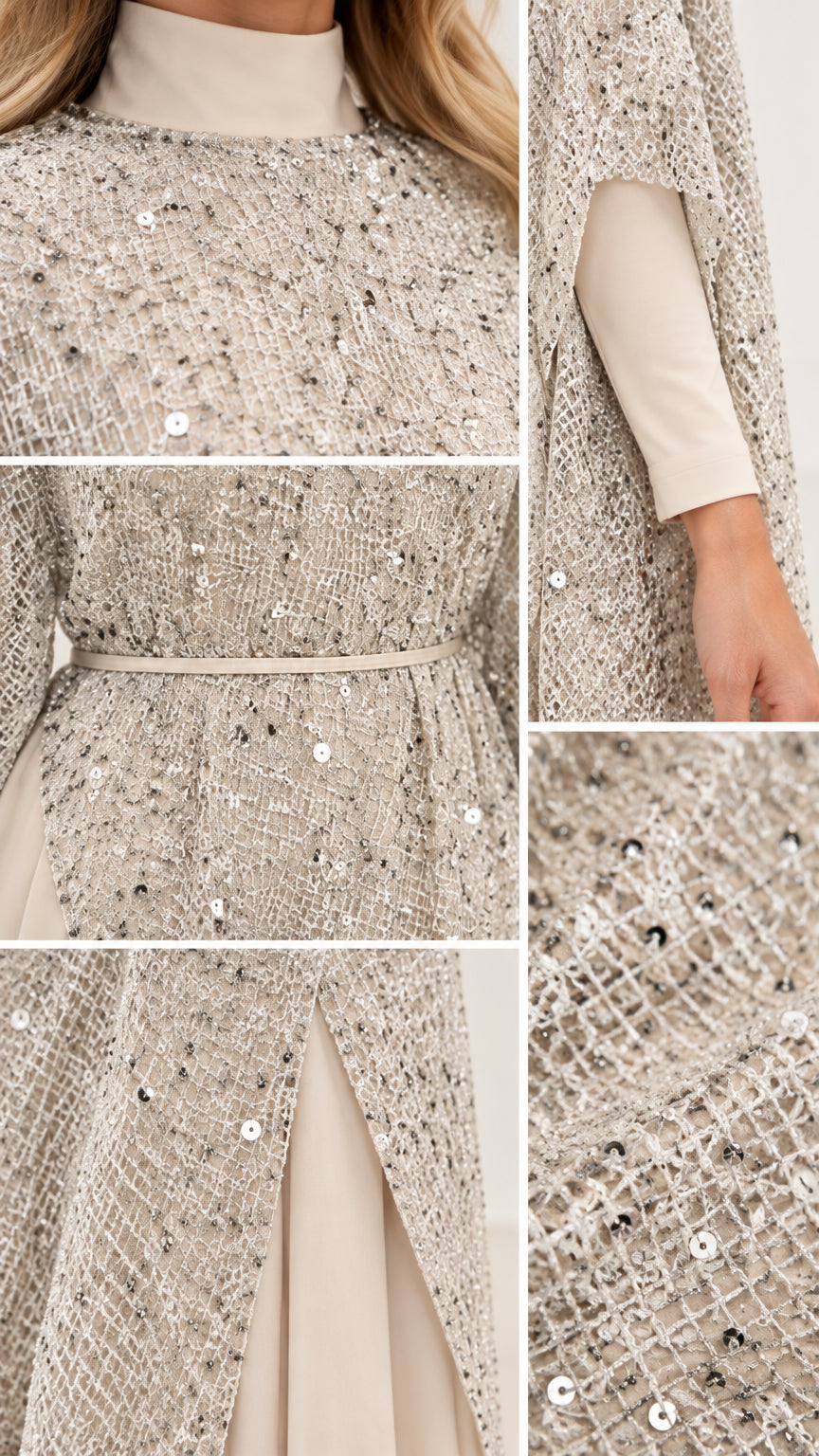 Close-up details of sequin cape fabric, mock neck, and belt