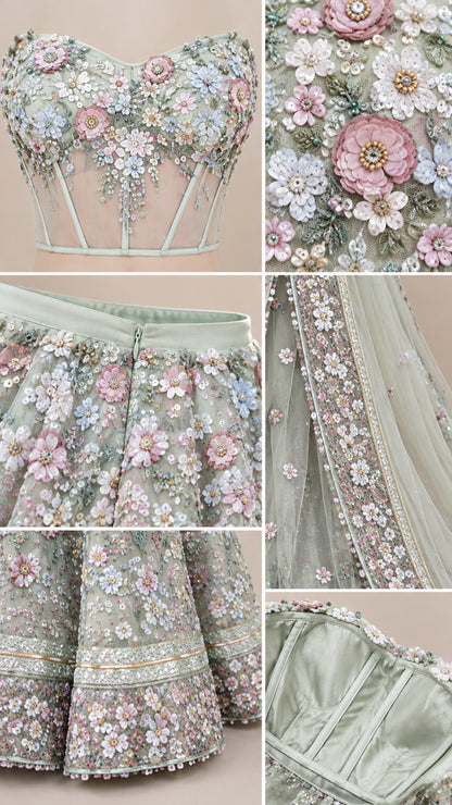 Close-up details of 3D floral embroidery, corset boning, waistband zipper, and dupatta hem
