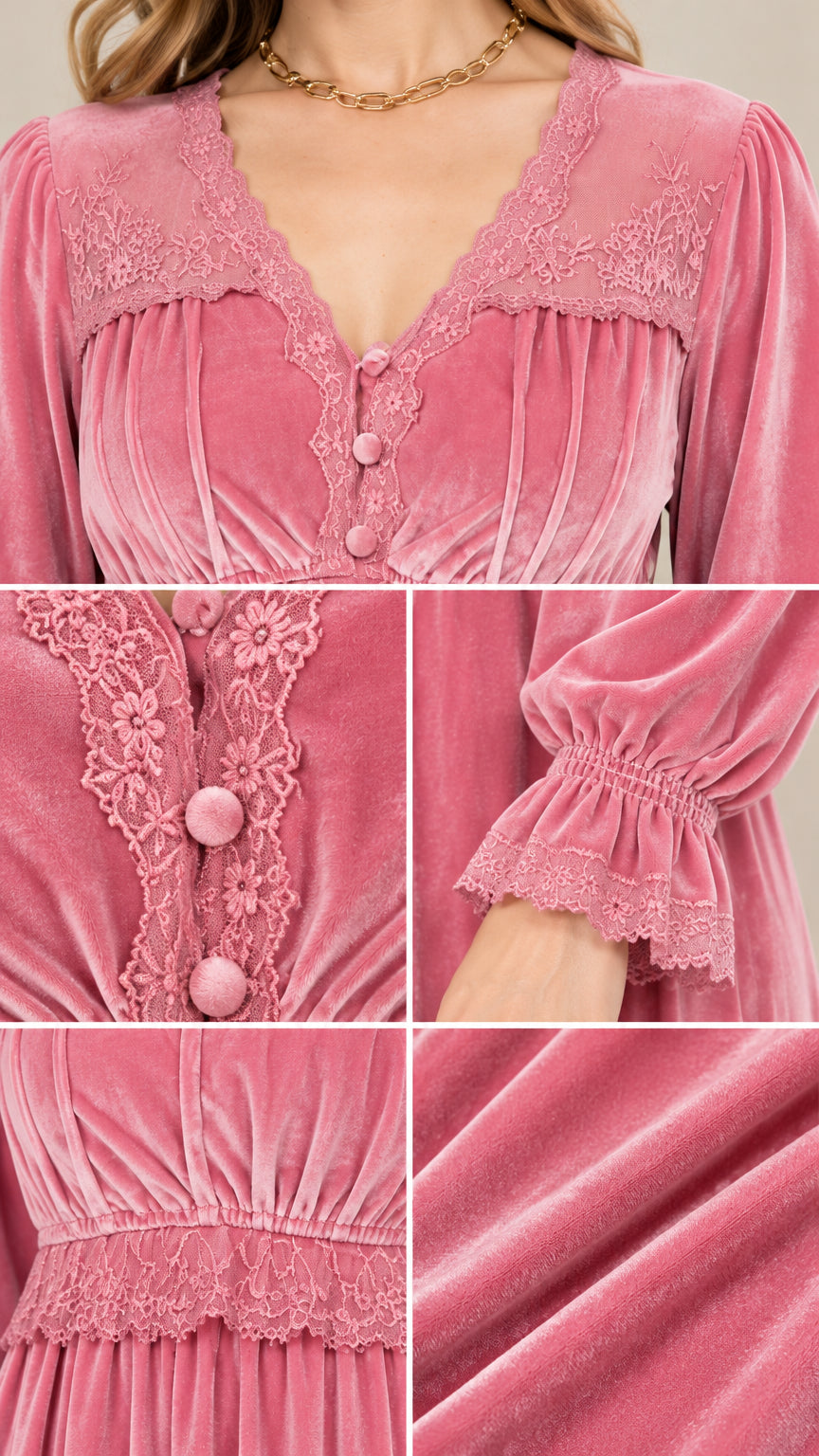 Close-up details of lace embroidery neckline, covered buttons, and velvet fabric