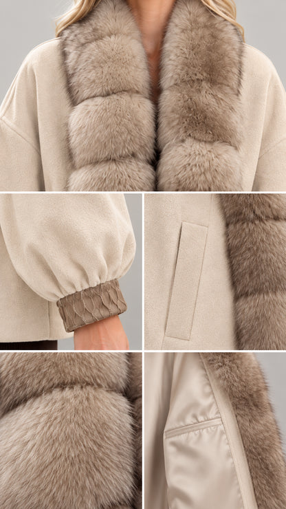 Close-up details of faux fur collar, patterned cuff, pocket, and lining