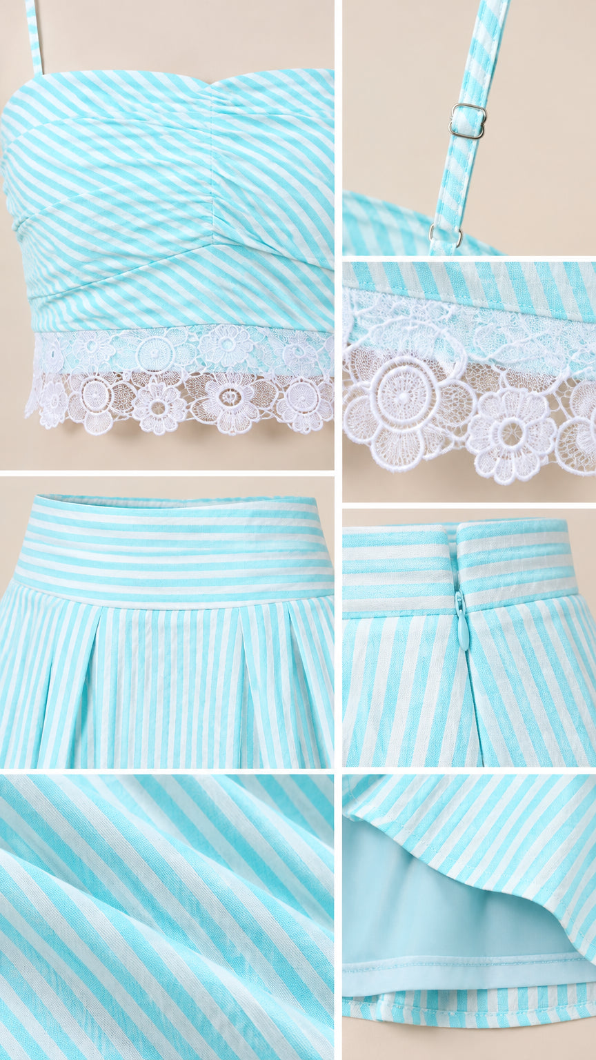 Close-up detail of crochet lace hem, adjustable straps, waistband pleats, and hidden zipper