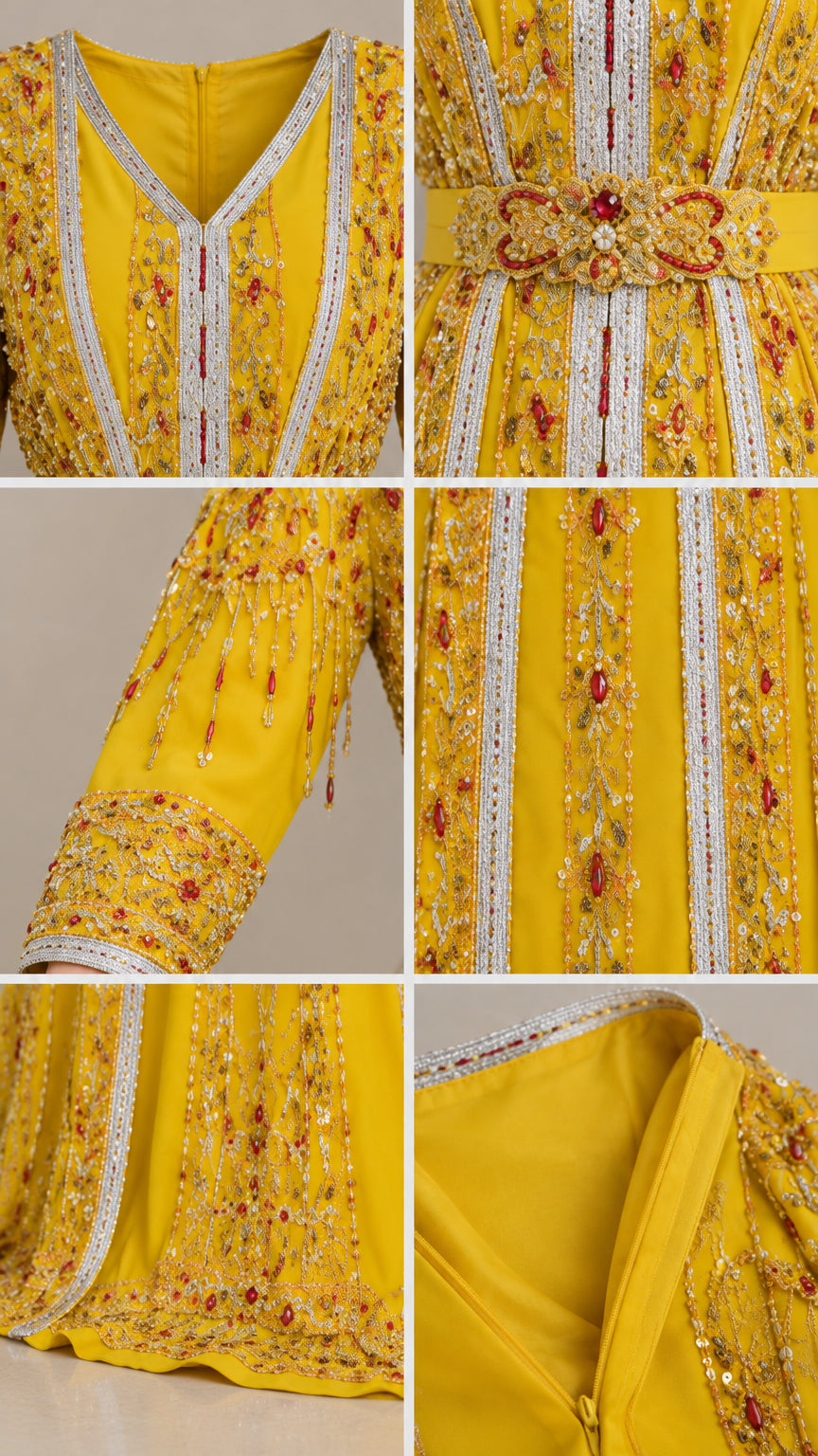 Close-up details of embroidery, beadwork, neckline, belt, and cuff construction on yellow caftan