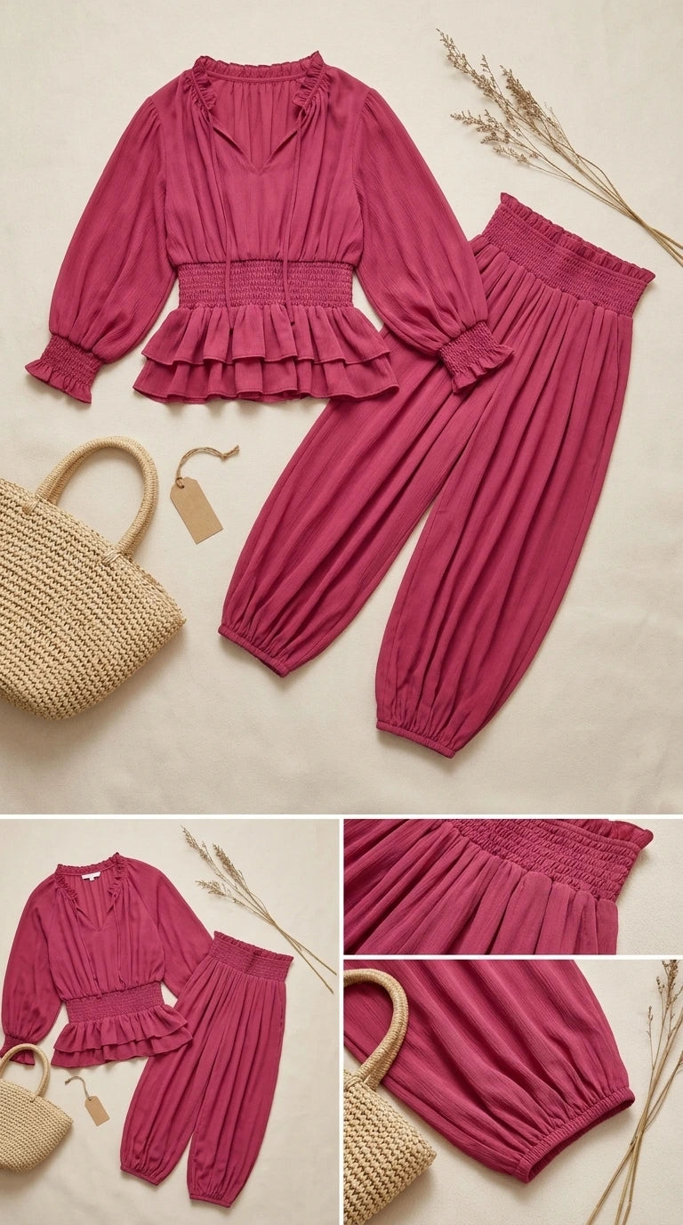 Flat lay and fabric detail of smocked peplum top and matching pants