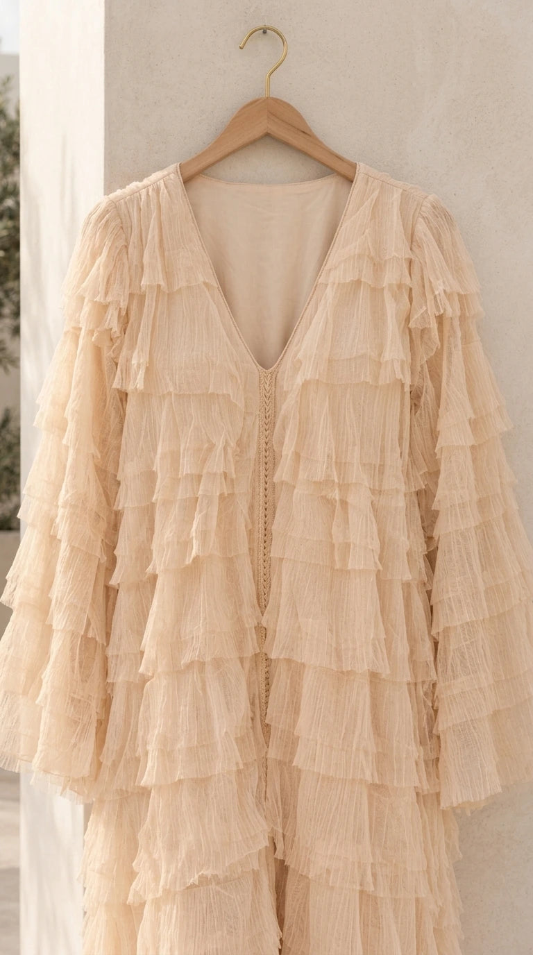 Close-up detail of champagne textured tiered ruffle fabric and neckline