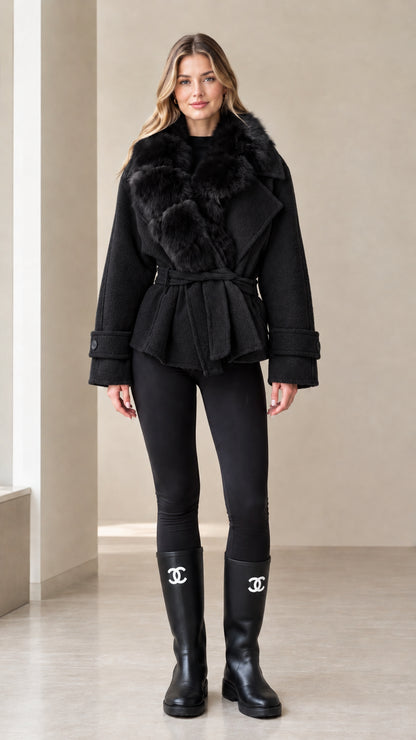 Front view of woman wearing black faux fur collar belted short jacket