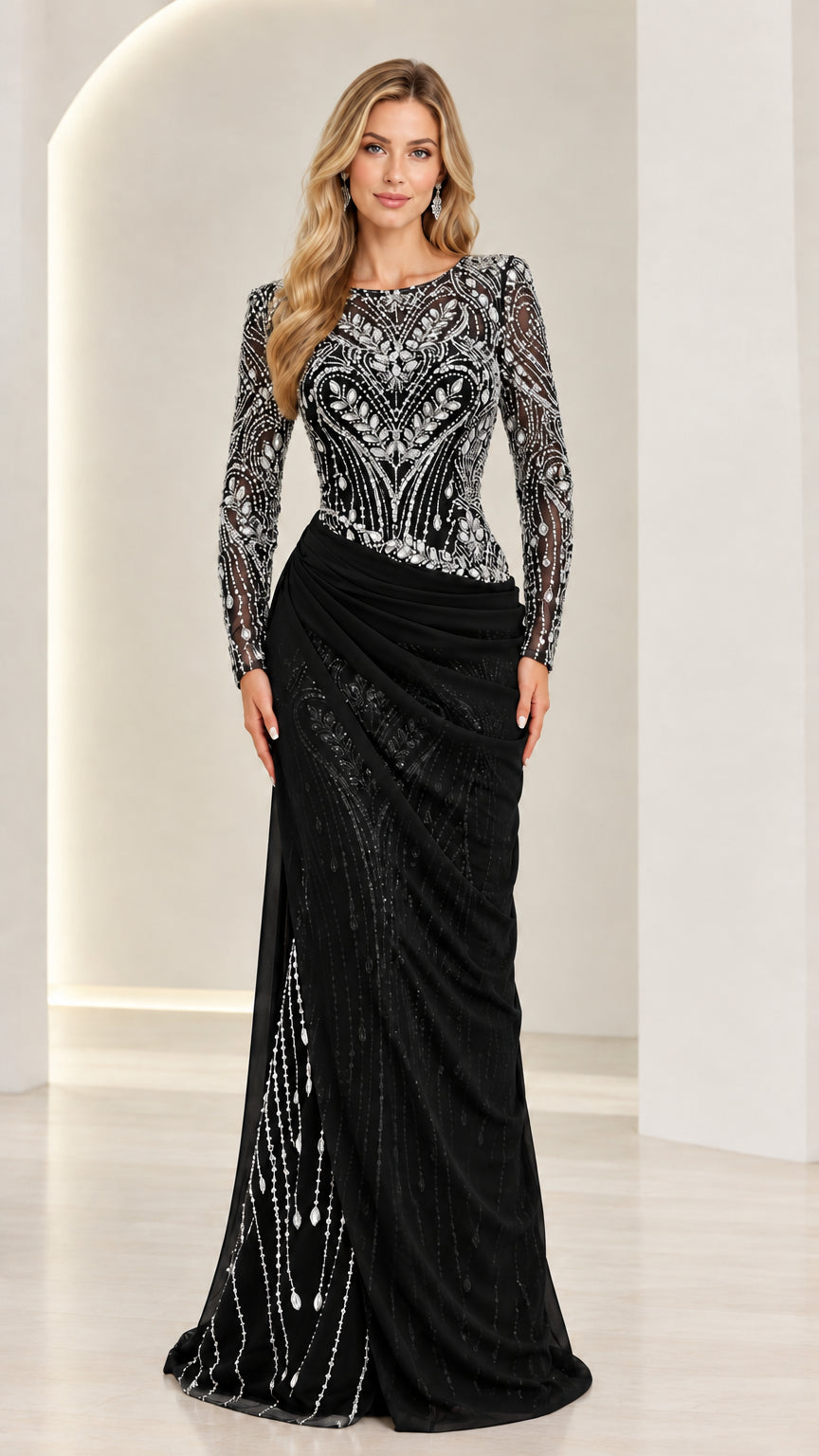 Black long sleeve beaded bodice formal evening maxi gown