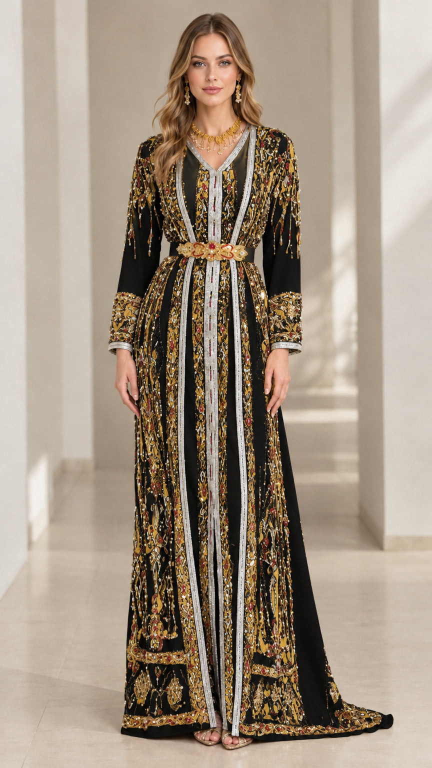 Full-length front view of model wearing Black and gold embroidered Moroccan caftan
