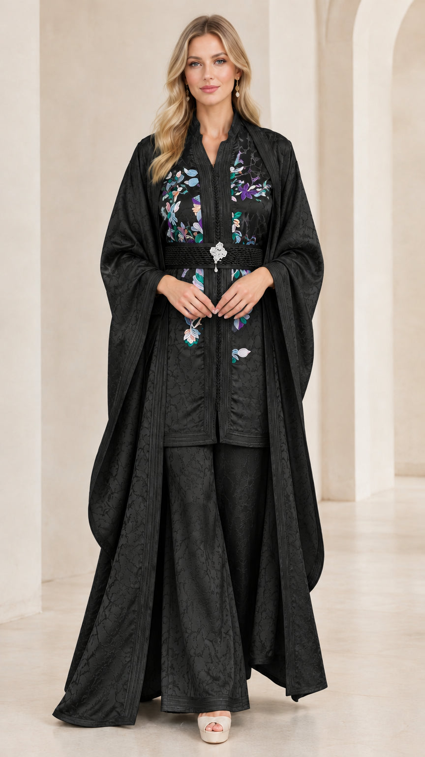 Front view of model wearing Black 3-piece embroidered jacquard kaftan pant set