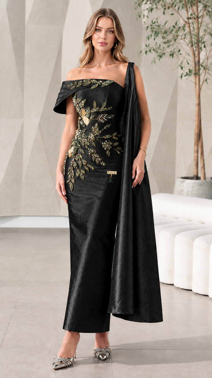Full front view of Black Asymmetrical Beaded Cape Evening Gown