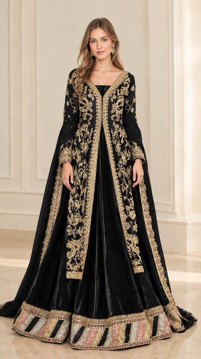 Black long sleeve embroidered formal evening gown with gold detailing