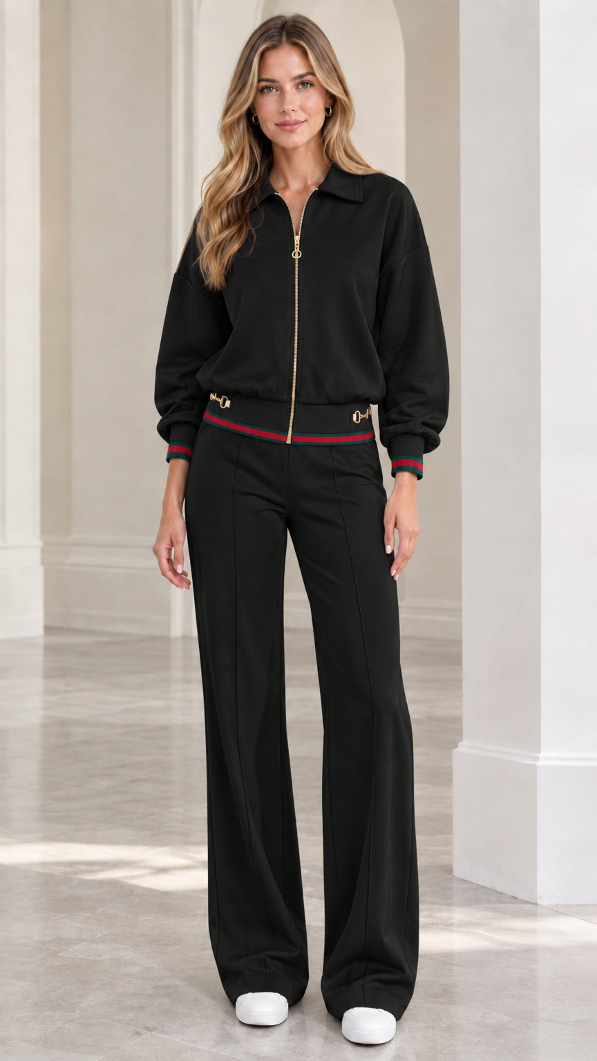 Full front view of women's black collared zip-up tracksuit set with wide-leg pants