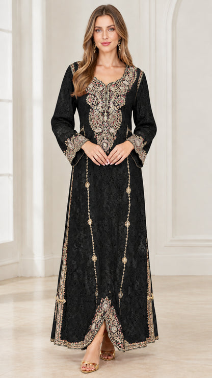 Full-length front view of woman wearing Black metallic embroidered maxi dress