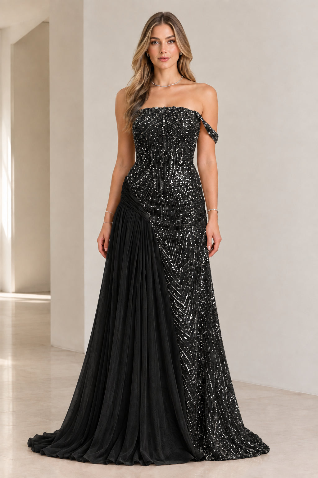 Black off-the-shoulder sequin and pleated chiffon formal evening gown