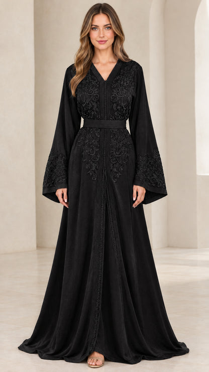 Black embroidered long sleeve kaftan maxi dress front view