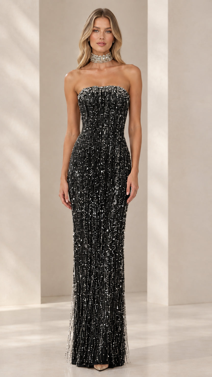 Front view of Classic Black strapless beaded evening gown with sparkling crystal trim
