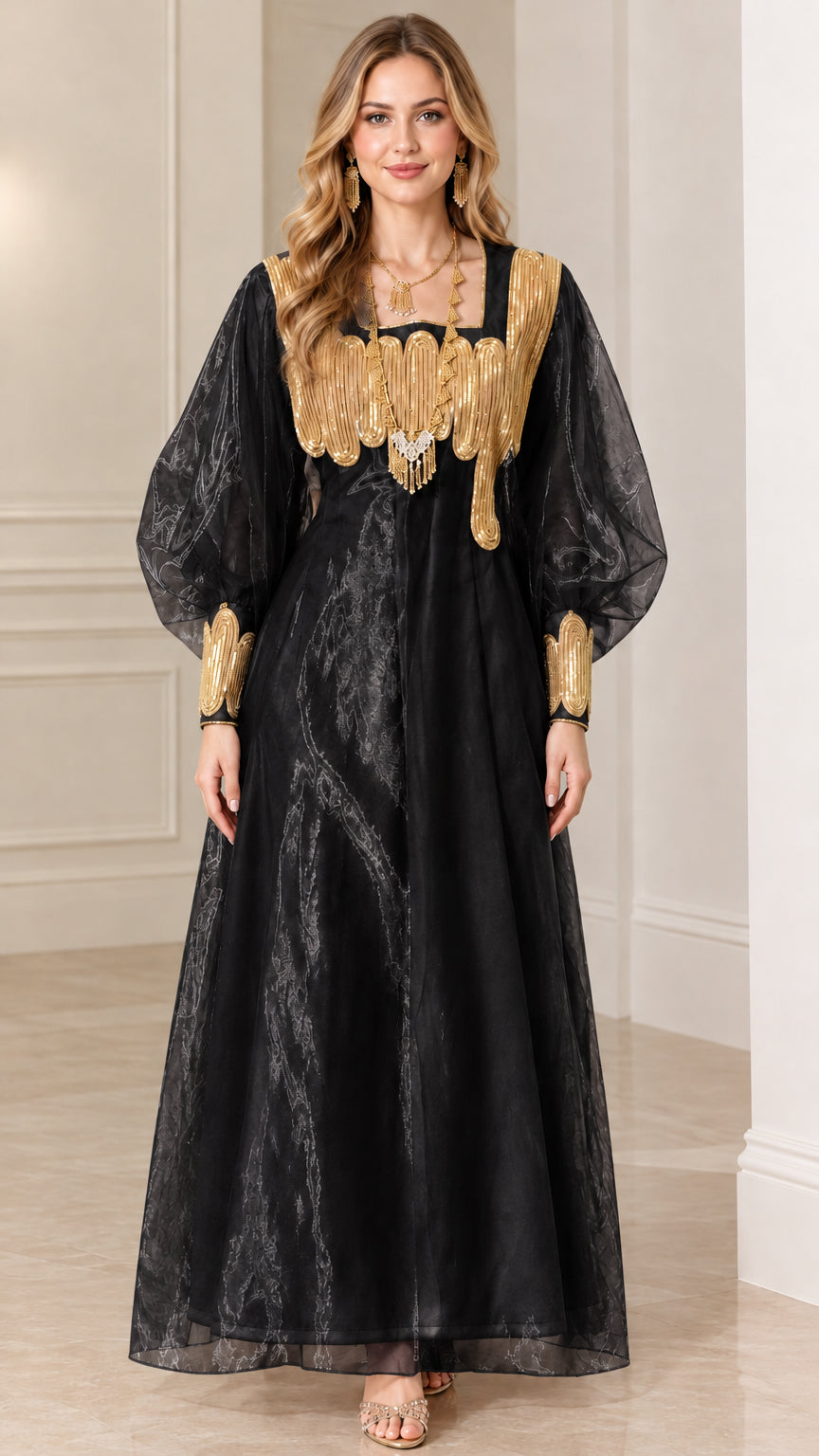 Front view of black gold embellished lantern sleeve maxi dress