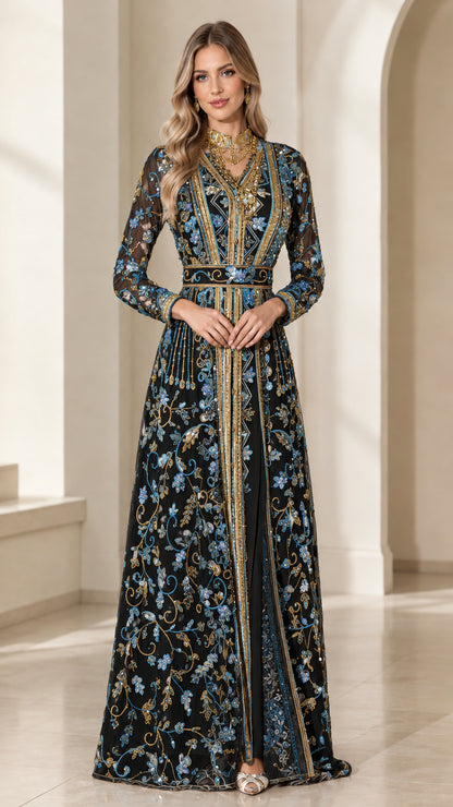Black embroidered caftan maxi dress with gold and blue detailing