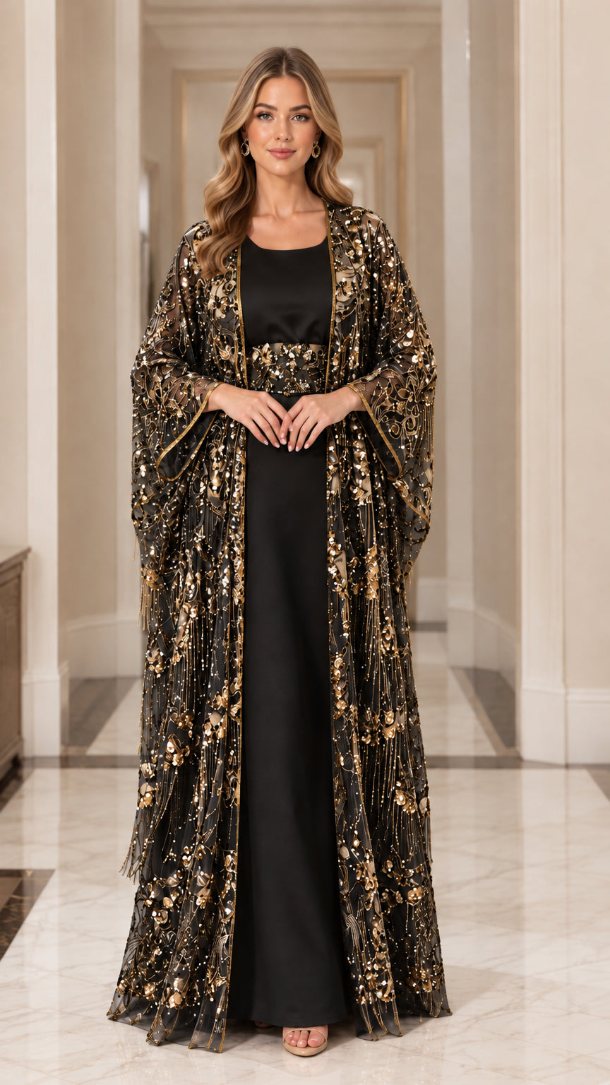 Black and gold sequin embellished two-piece abaya evening gown