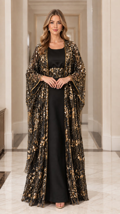 Black and gold sequin embellished two-piece abaya evening gown