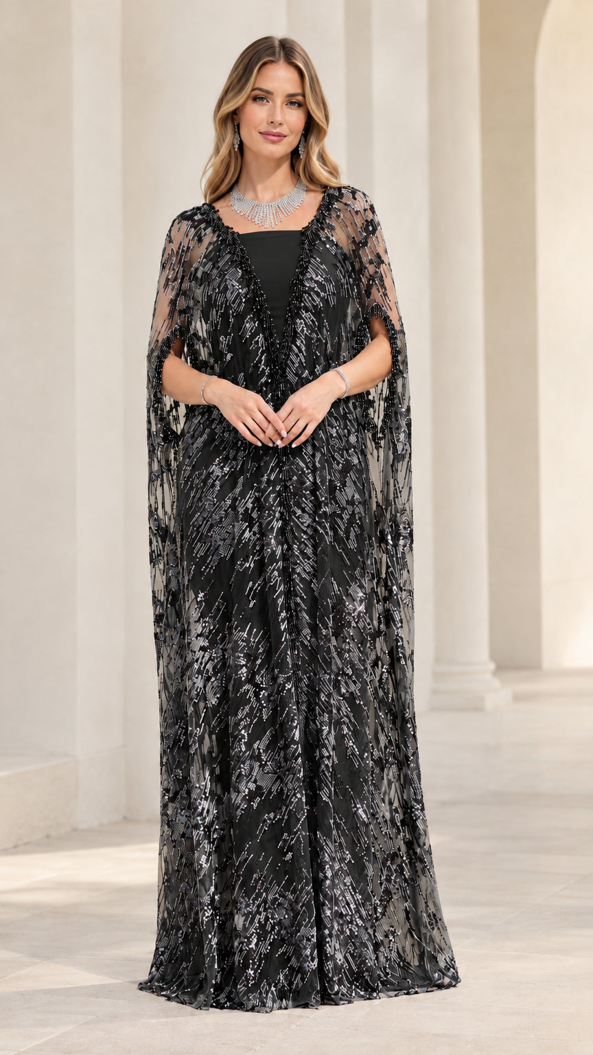Black sequined cape maxi dress front view