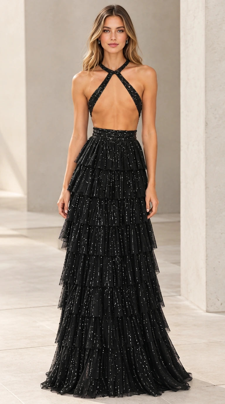 Black glitter crisscross halter tiered tulle maxi evening dress