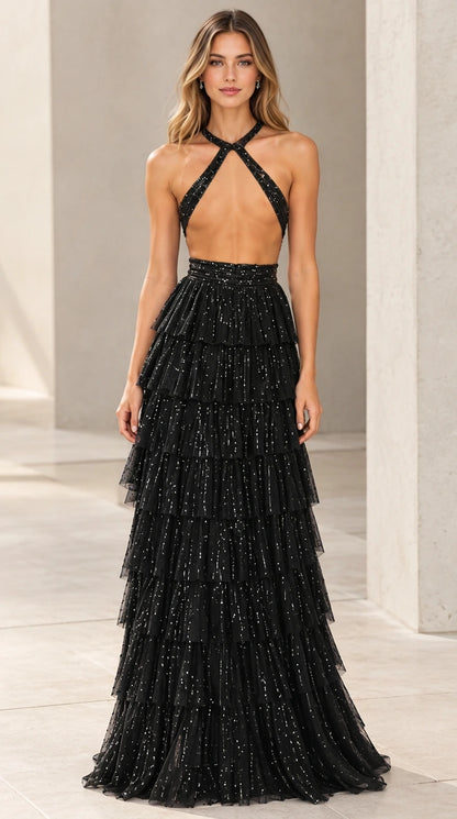 Black glitter crisscross halter tiered tulle maxi evening dress