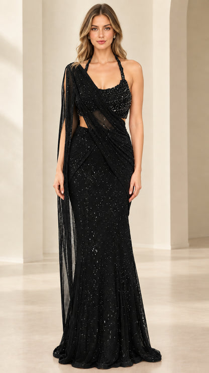 Black sequin beaded halter neck saree evening gown