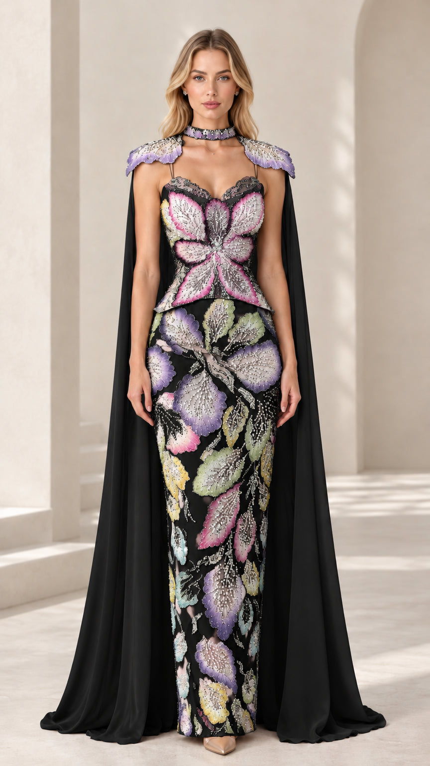 Black floral beaded evening gown with matching black flowing shoulder cape